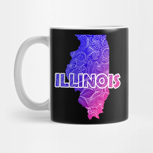 Colorful mandala art map of Illinois with text in blue and violet by Happy Citizen